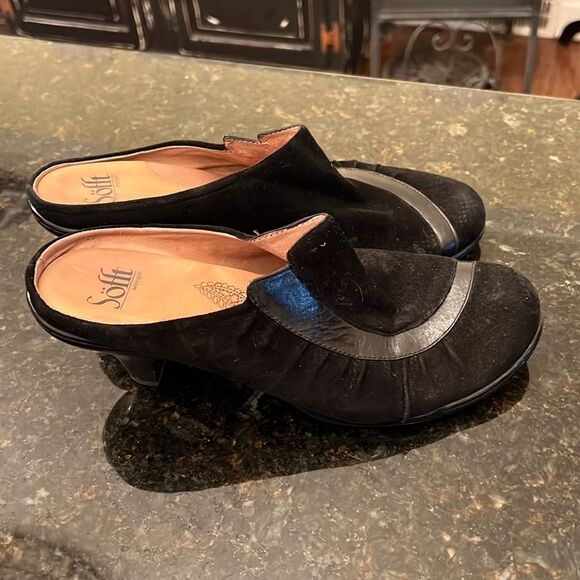 *BOHO* SOFFT Sz 8 Blk Leather Suede Mule Clogs - Picture 1 of 6